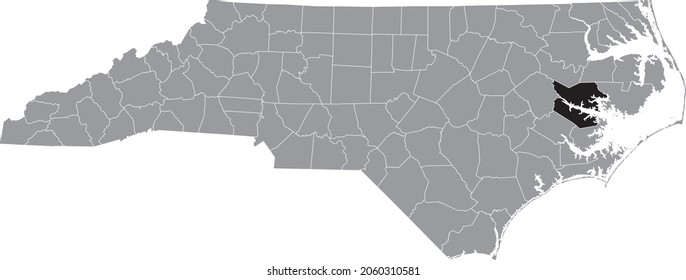 Black highlighted location map of the Beaufort County inside gray administrative map of the Federal State of North Carolina, USA