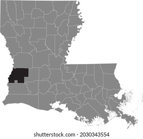 Black highlighted location map of the Beauregard Parish inside gray map of the Federal State of Louisiana, USA
