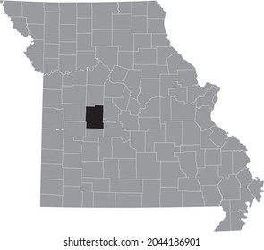 Black highlighted location map of the Benton County inside gray map of the Federal State of Missouri, USA