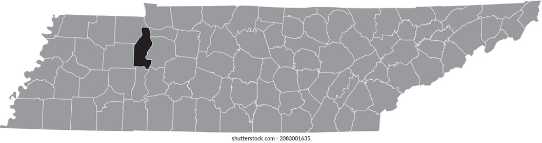 Black highlighted location map of the Benton County inside gray administrative map of the Federal State of Tennessee, USA