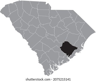 Black highlighted location map of the Berkeley County inside gray administrative map of the Federal State of South Carolina, USA