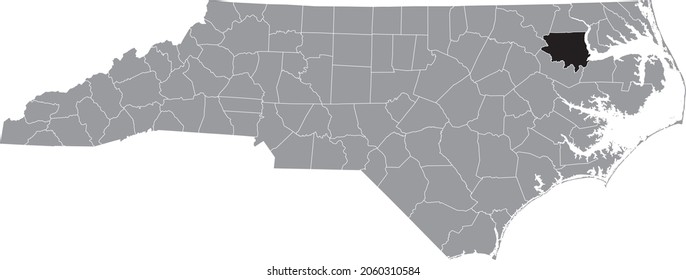 Black highlighted location map of the Bertie County inside gray administrative map of the Federal State of North Carolina, USA