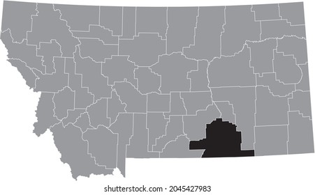 Black highlighted location map of the Big Horn County inside gray map of the Federal State of Montana, USA