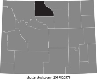 Black highlighted location map of the Big Horn County inside gray administrative map of the Federal State of Wyoming, USA
