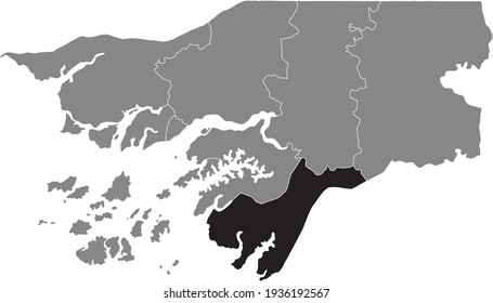 Black highlighted location map of the Bissau-Guinean Tombali region inside gray map of the Republic of Guinea-Bissau