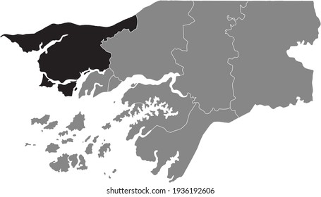 Black highlighted location map of the Bissau-Guinean Cacheu region inside gray map of the Republic of Guinea-Bissau