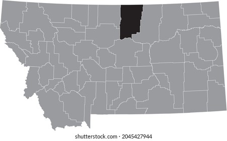 Black highlighted location map of the Blaine County inside gray map of the Federal State of Montana, USA