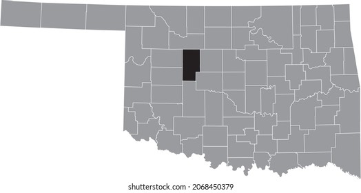 Black highlighted location map of the Blaine County	inside gray administrative map of the Federal State of Oklahoma, USA