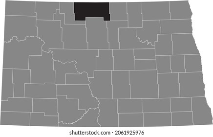 Black highlighted location map of the Bottineau County inside gray administrative map of the Federal State of North Dakota, USA
