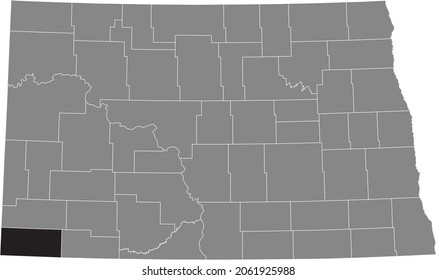Black highlighted location map of the Bowman County inside gray administrative map of the Federal State of North Dakota, USA