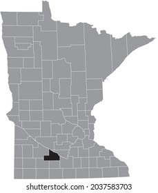 Black highlighted location map of the Brown County	inside gray map of the Federal State of Minnesota, USA