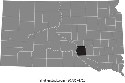 Black highlighted location map of the Brule County inside gray administrative map of the Federal State of South Dakota, USA