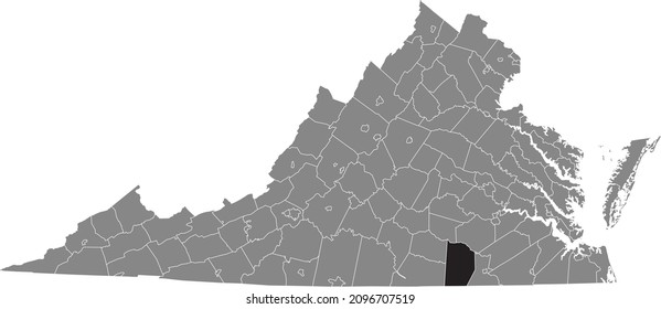 Mapa de ubicación resaltado en negro del condado de Brunswick dentro del mapa administrativo gris del estado federal de Virginia, Estados Unidos