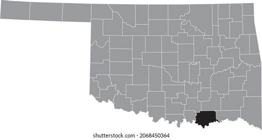 Black highlighted location map of the Bryan County inside gray administrative map of the Federal State of Oklahoma, USA