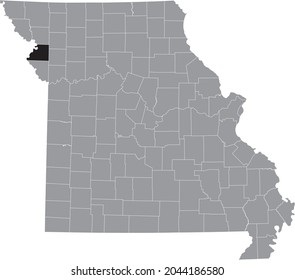 Black highlighted location map of the Buchanan County	inside gray map of the Federal State of Missouri, USA