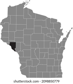 Black highlighted location map of the Buffalo County inside gray administrative map of the Federal State of Wisconsin, USA