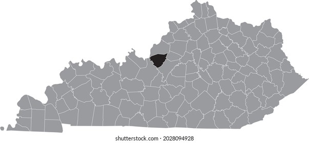 Black highlighted location map of the Bullitt County inside gray map of the Federal State of Kentucky, USA