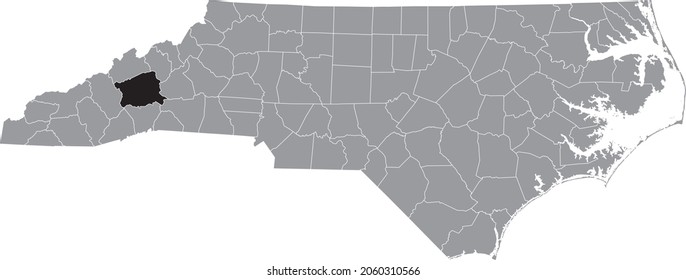 Black highlighted location map of the Buncombe County inside gray administrative map of the Federal State of North Carolina, USA