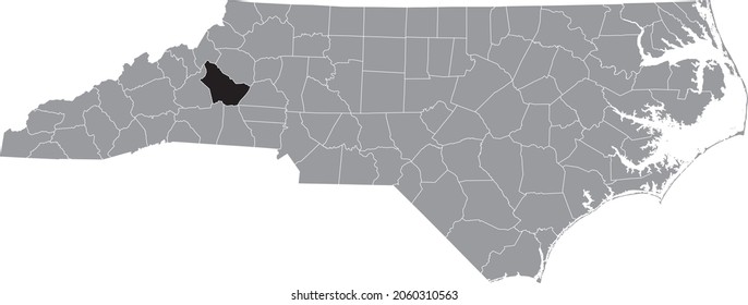 Black highlighted location map of the Burke County inside gray administrative map of the Federal State of North Carolina, USA