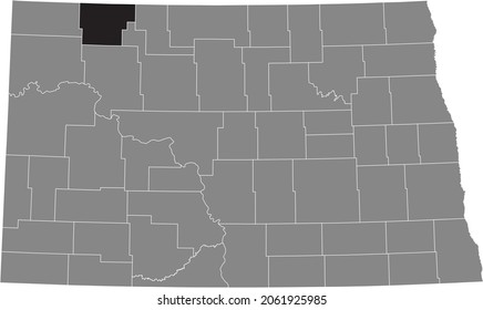 Black highlighted location map of the Burke County inside gray administrative map of the Federal State of North Dakota, USA