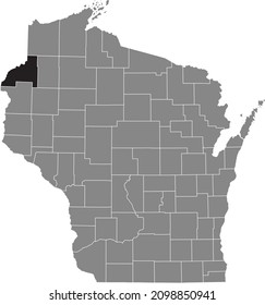 Black highlighted location map of the Burnett County inside gray administrative map of the Federal State of Wisconsin, USA