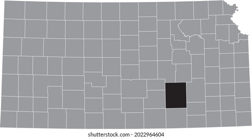 Black highlighted location map of the Butler County inside gray map of the Federal State of Kansas, USA