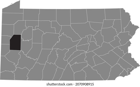 Black highlighted location map of the Butler County inside gray administrative map of the Federal State of Pennsylvania, USA