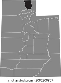 Black highlighted location map of the Cache County inside gray administrative map of the Federal State of Utah, USA