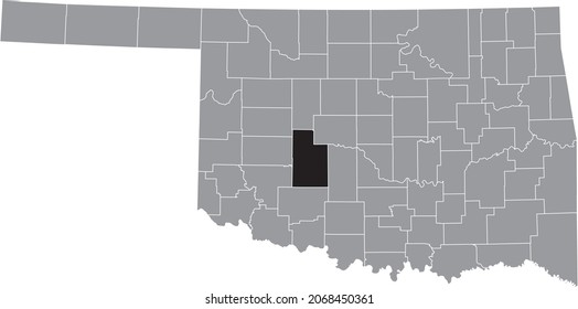 Schwarz hervorgehobene Standortkarte des Caddo County in grauer Verwaltungskarte des Bundesstaates Oklahoma, USA