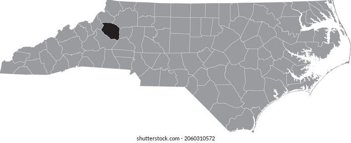 Black highlighted location map of the Caldwell County inside gray administrative map of the Federal State of North Carolina, USA