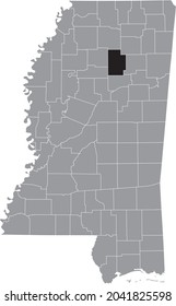 Black highlighted location map of the Calhoun County inside gray map of the Federal State of Mississippi, USA