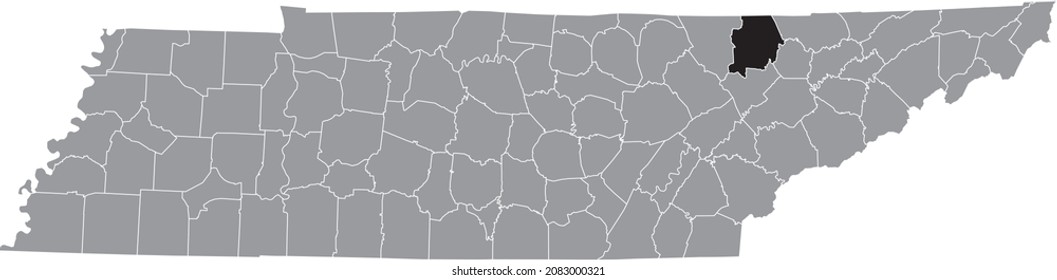Black highlighted location map of the Campbell County inside gray administrative map of the Federal State of Tennessee, USA