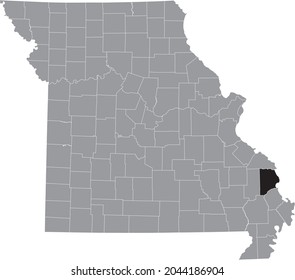 Black highlighted location map of the Cape Girardeau County inside gray map of the Federal State of Missouri, USA