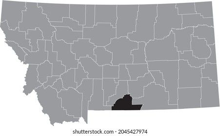 Black highlighted location map of the Carbon County inside gray map of the Federal State of Montana, USA