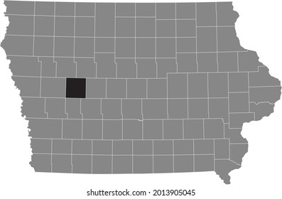 Black highlighted location map of the Carroll County inside gray map of the Federal State of Iowa, USA