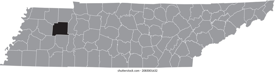 Black highlighted location map of the Carroll County inside gray administrative map of the Federal State of Tennessee, USA