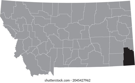 Black highlighted location map of the Carter County inside gray map of the Federal State of Montana, USA