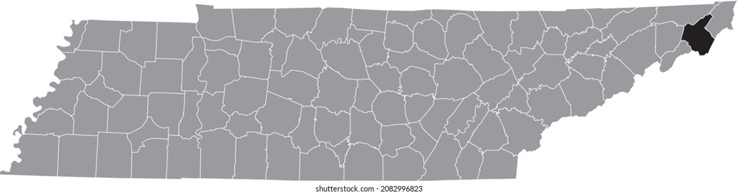 Black highlighted location map of the Carter County inside gray administrative map of the Federal State of Tennessee, USA