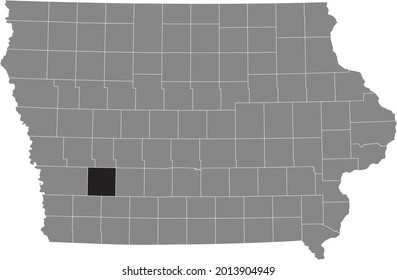 Black highlighted location map of the Cass County inside gray map of the Federal State of Iowa, USA