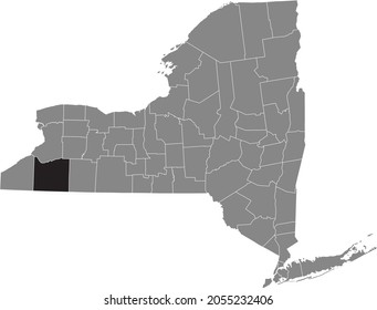 Black highlighted location map of the Cattaraugus County inside gray map of the Federal State of New York, USA