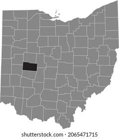 Black highlighted location map of the Champaign County inside gray administrative map of the Federal State of Ohio, USA