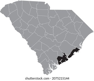 Black highlighted location map of the Charleston County inside gray administrative map of the Federal State of South Carolina, USA