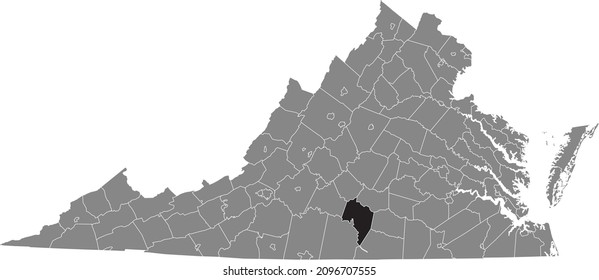 Black highlighted location map of the Charlotte County inside gray administrative map of the Federal State of Virginia, USA