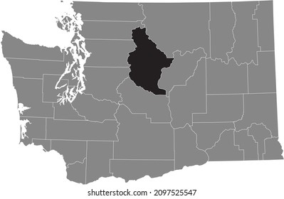 Black highlighted location map of the Chelan County inside gray administrative map of the Federal State of Washington, USA