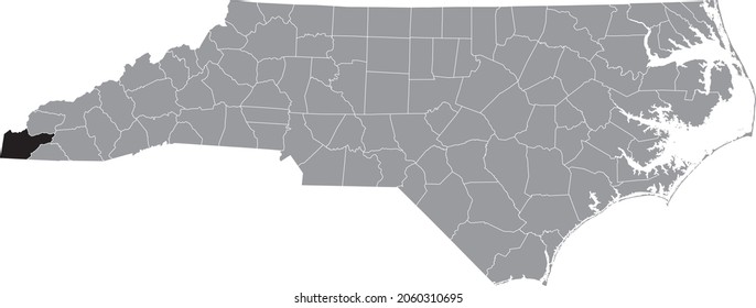 Black highlighted location map of the Cherokee County inside gray administrative map of the Federal State of North Carolina, USA