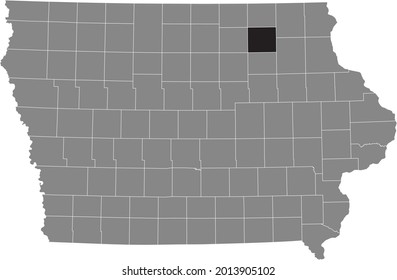 Black highlighted location map of the Chickasaw County inside gray map of the Federal State of Iowa, USA