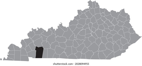 Black highlighted location map of the Christian County inside gray map of the Federal State of Kentucky, USA
