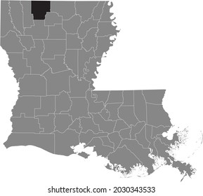 Black highlighted location map of the Claiborne Parish inside gray map of the Federal State of Louisiana, USA