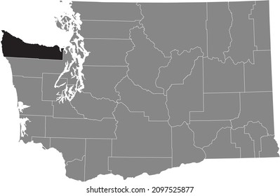 Black highlighted location map of the Clallam County inside gray administrative map of the Federal State of Washington, USA