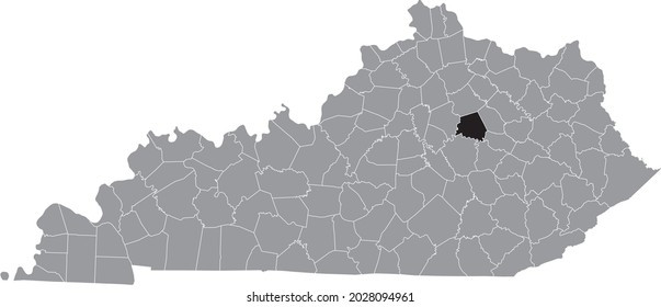 Black highlighted location map of the Clark County inside gray map of the Federal State of Kentucky, USA
